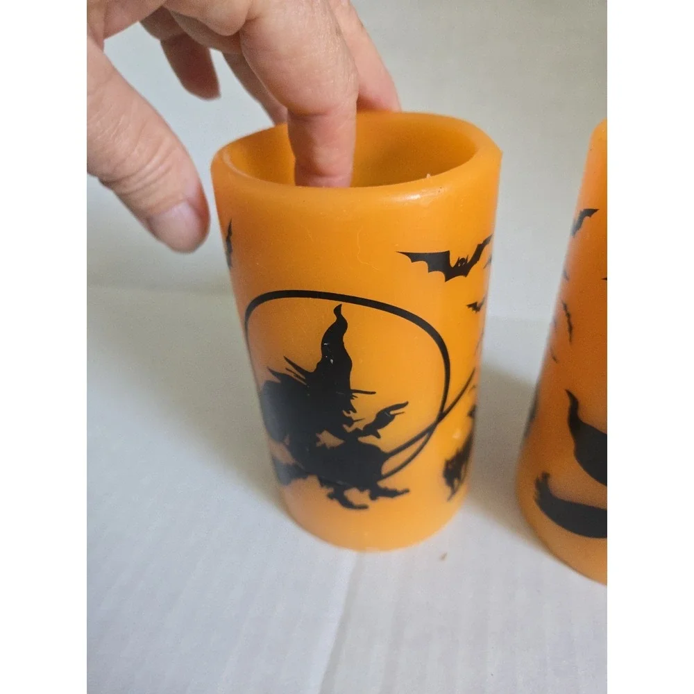 2 Halloween Flameless LED Pillar Candles Orange Black Witch Cat Bats Wax Battey